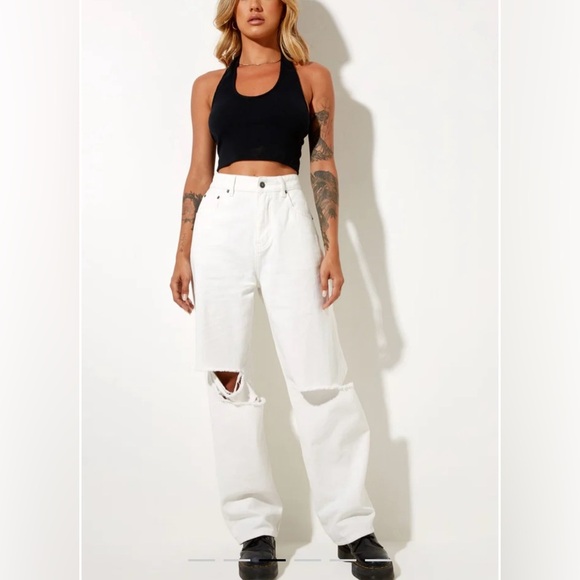 Wave Denim High rise Wide leg White Distressed Women Jeans 🤍 One Size - Picture 1 of 10